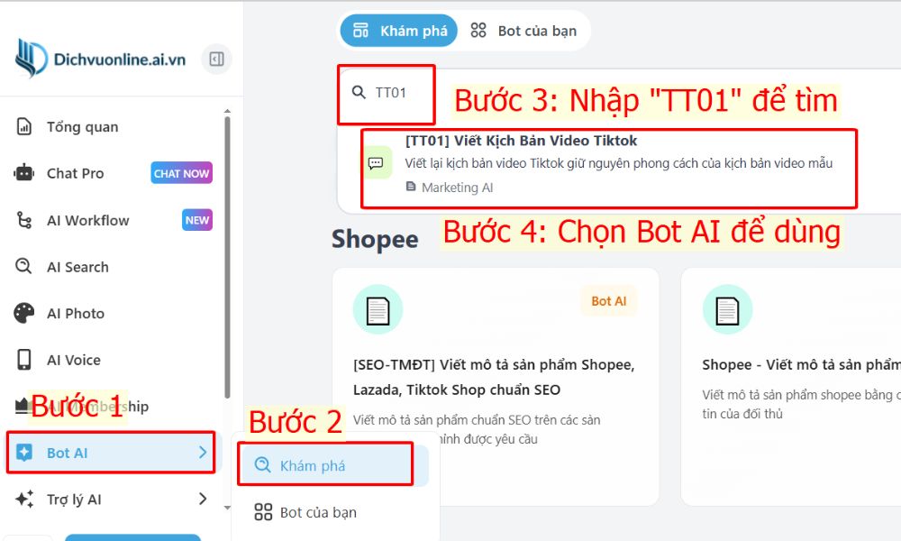 Các bước tìm Bot AI viết lại kịch bản video