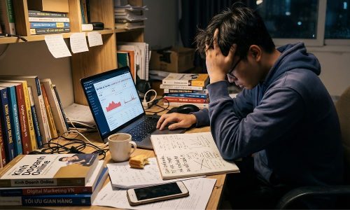 Chàng trai tự học TMĐT trên laptop
