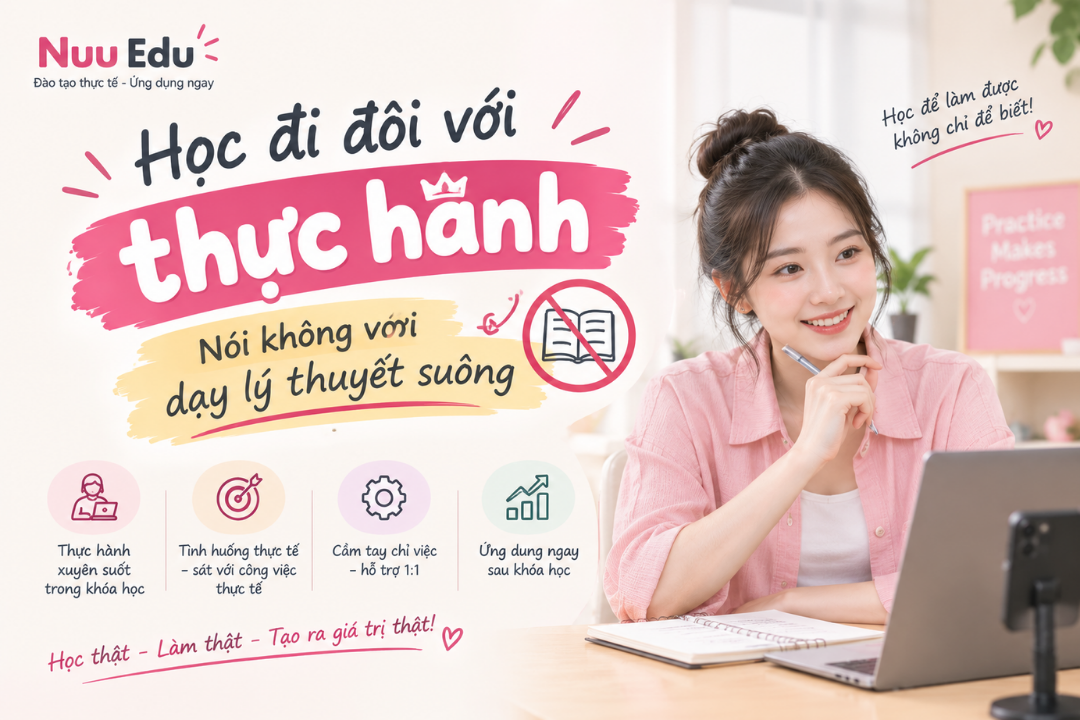 Khóa học Livestream tại Nuu Edu luôn dạy lý thuyết đi kèm thực hành. Không dạy lý thuyết suông. 