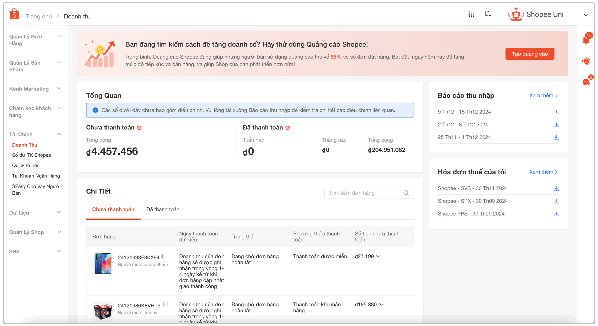 Xuất báo cáo doanh thu Shopee
